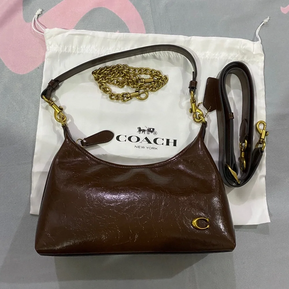 Coach Dark Brown Leather Shoulder Bag with Gold Hardware
